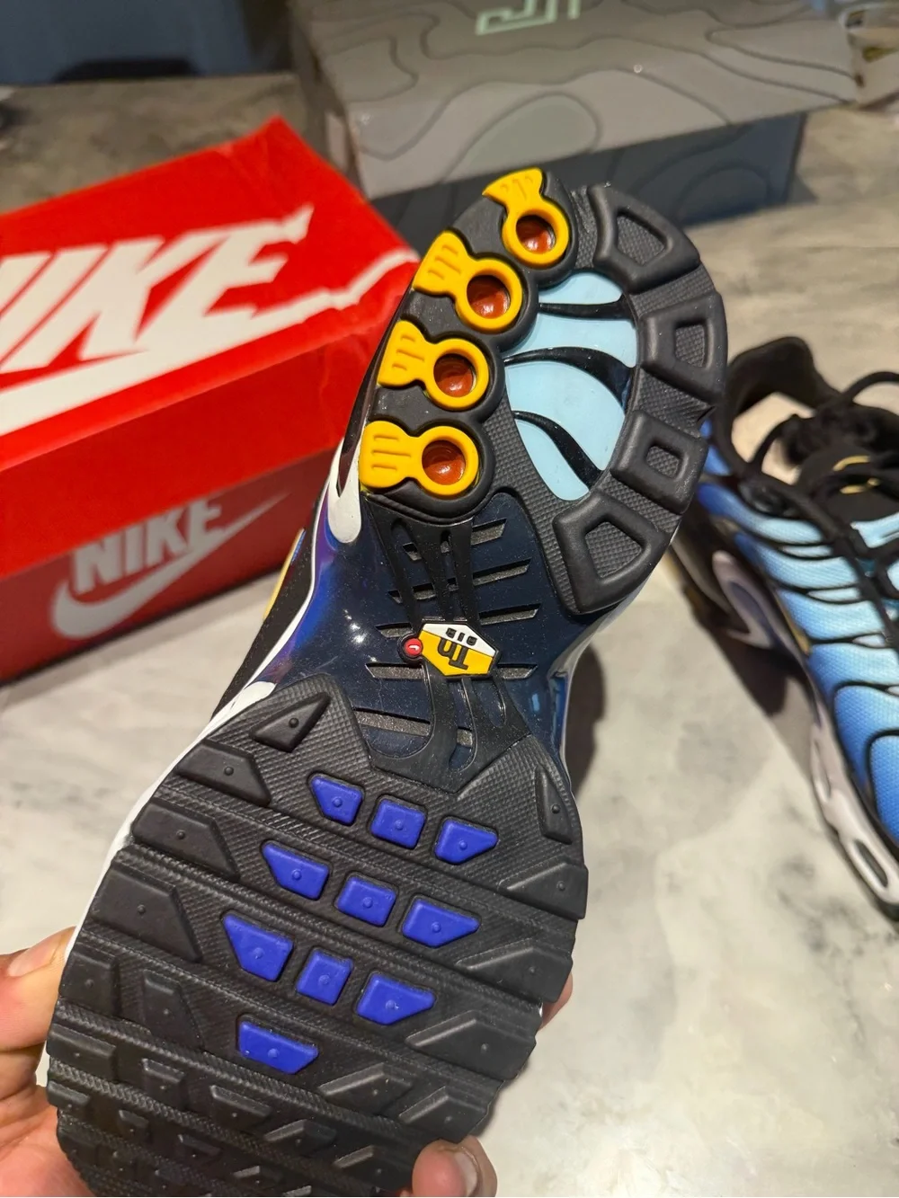 Nike Kids Blue Gradient Air Cushion Sneakers with Yellow Swoosh